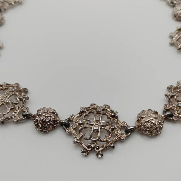 Antique Silver Tone Filigree Pendant Link Choker Style Necklace 16" - Picture 4 of 8